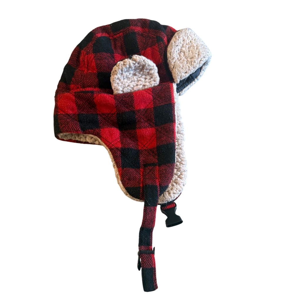Kids (5-6) Red Black Buffalo Plaid Trapper Hat Winter Earmuff Sherpa Lined S M